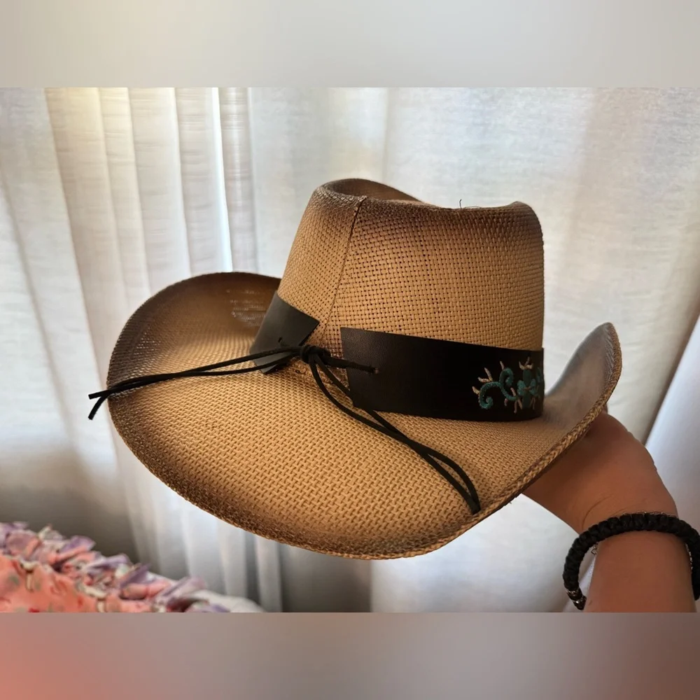 Milani Tan Cowboy Hat with Turquoise Accents - Picture 3 of 9